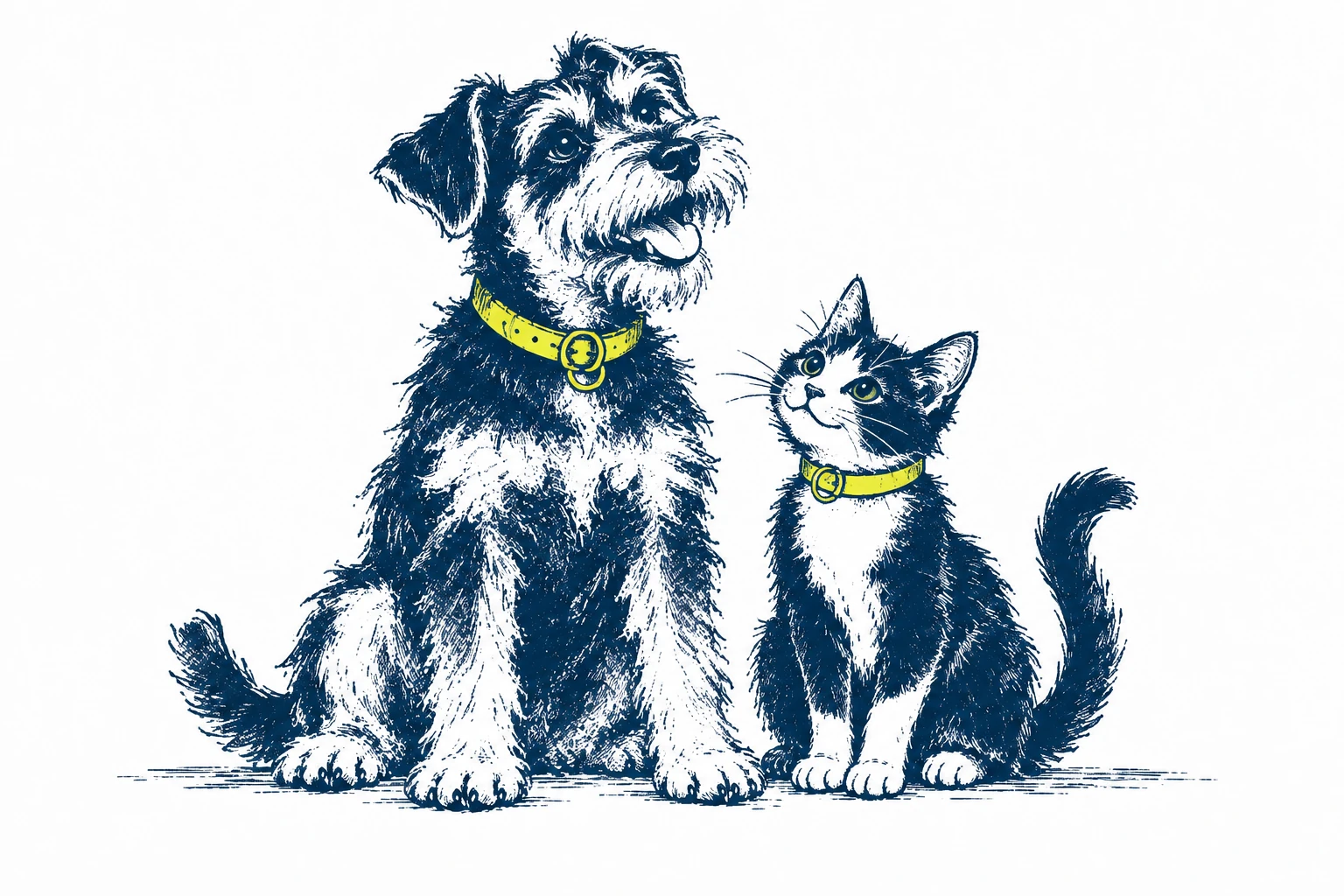 A scruffy schnauzer beside a small black cat, drawn in navy ink