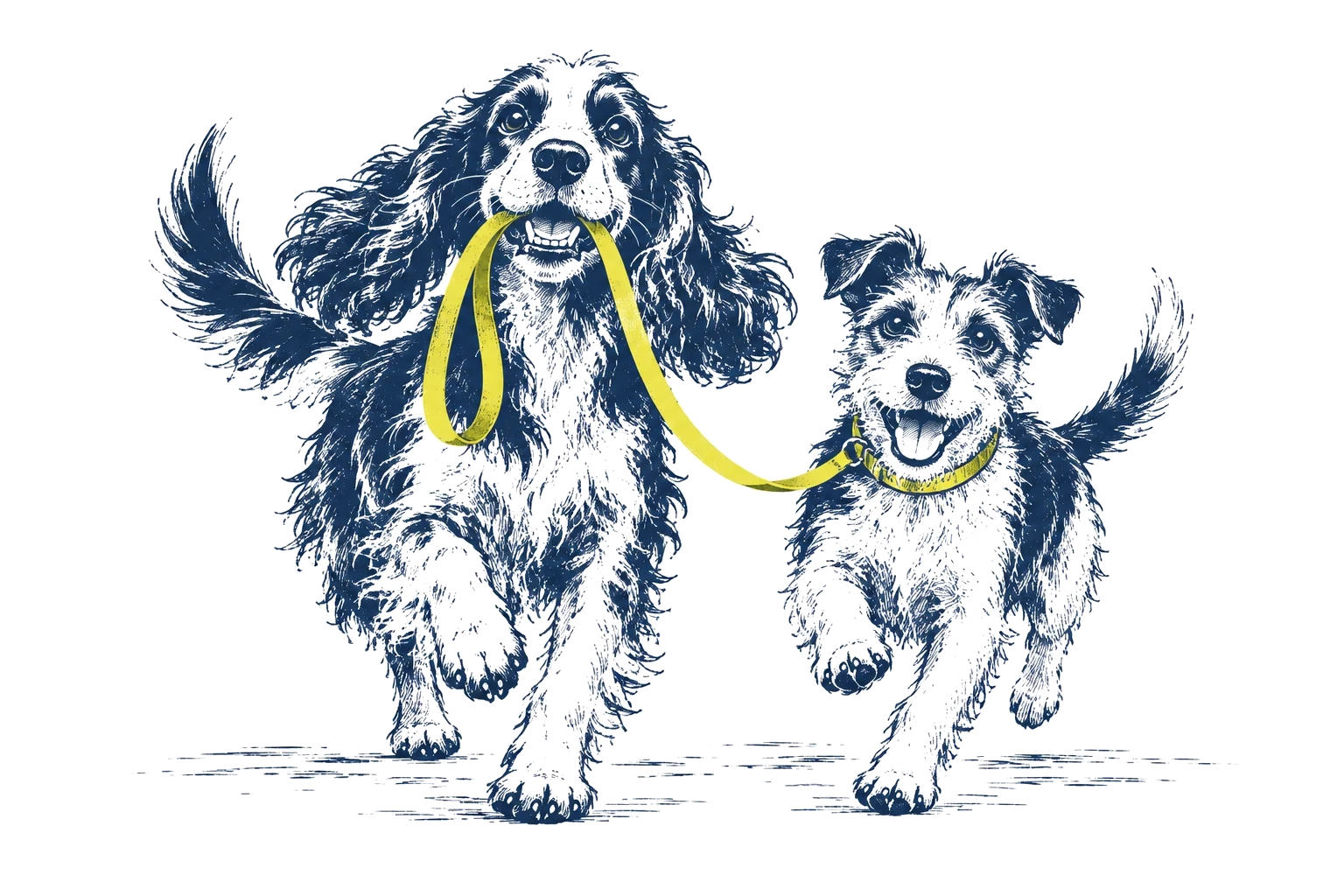 Two eager hand-drawn dogs bounding forward with a lead