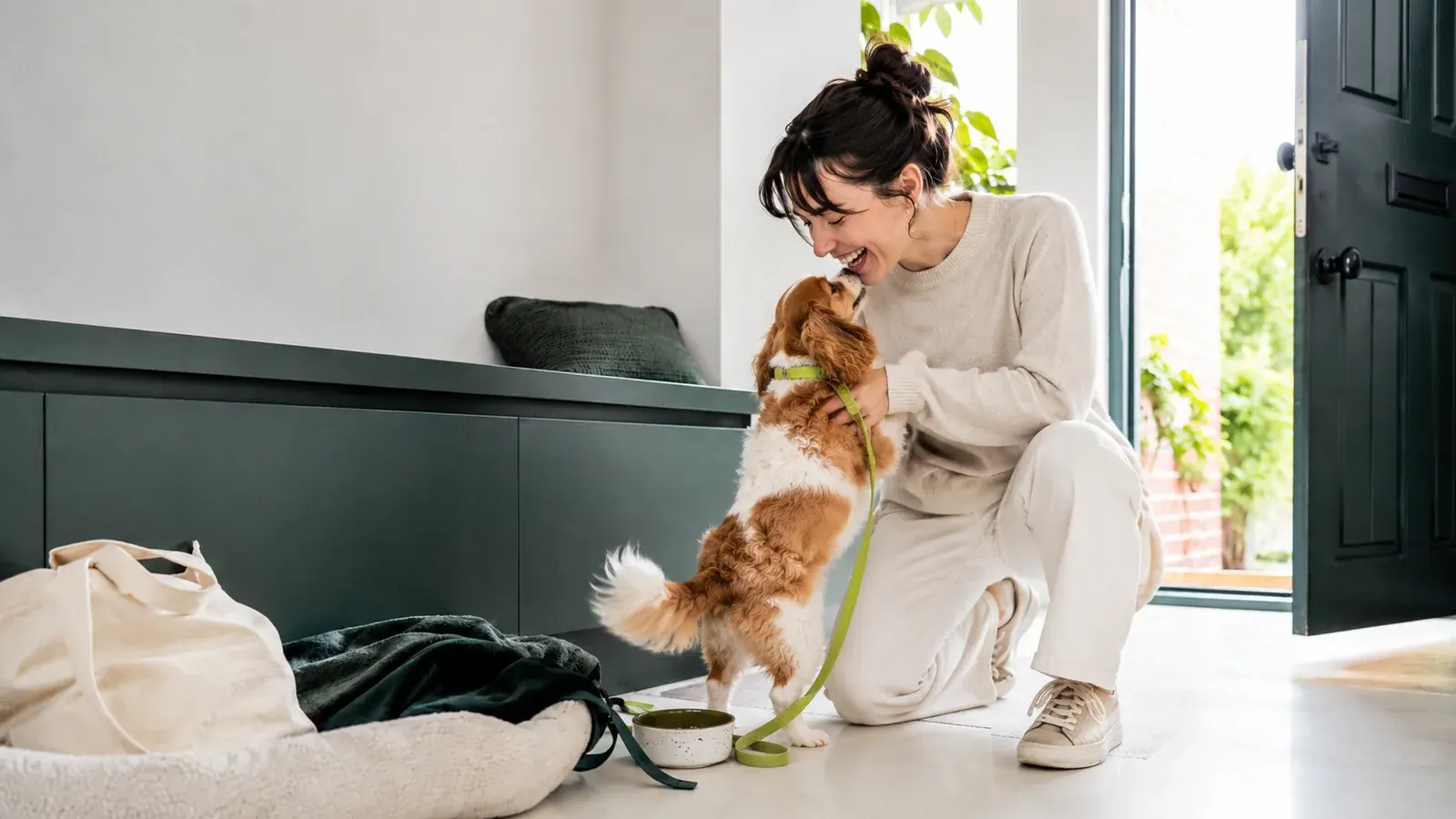A pet owner welcoming her Cavalier King Charles Spaniel at the front door