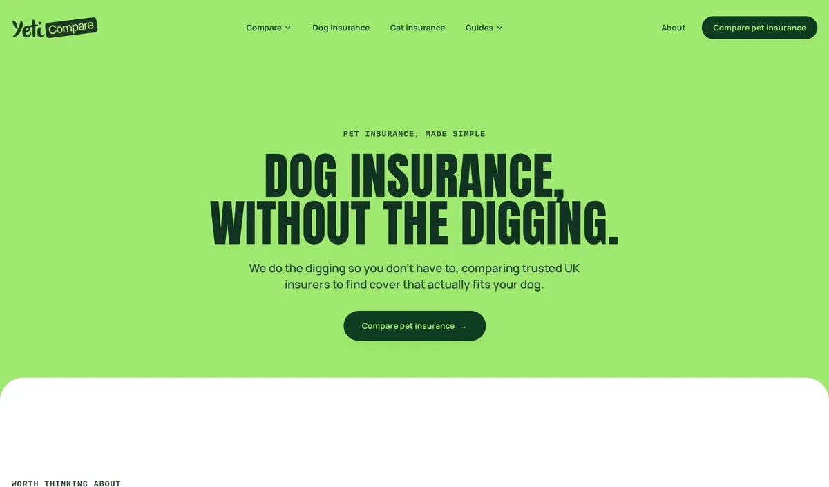 Yeti Compare dog insurance page design