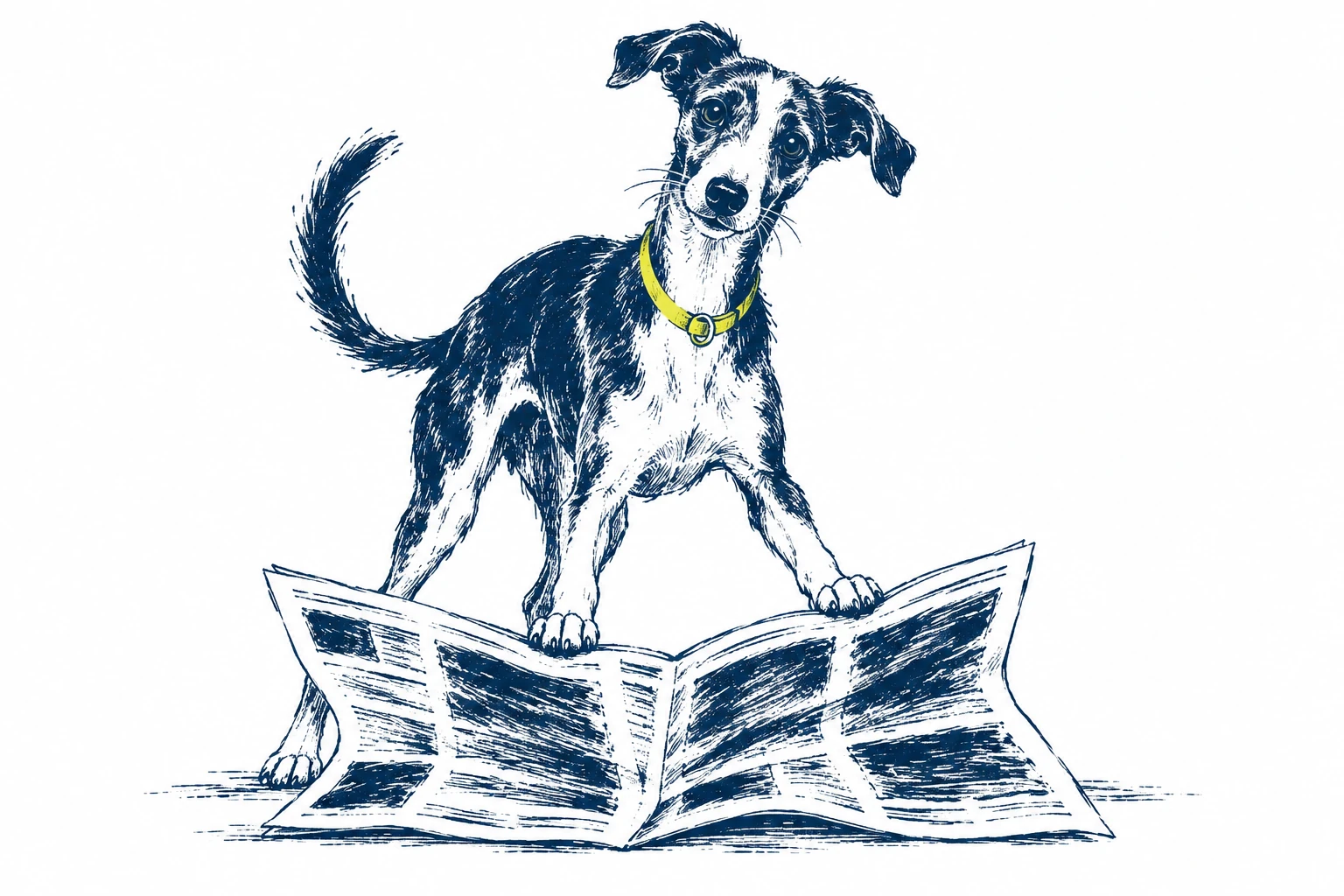 A whippet peering over a folded newspaper
